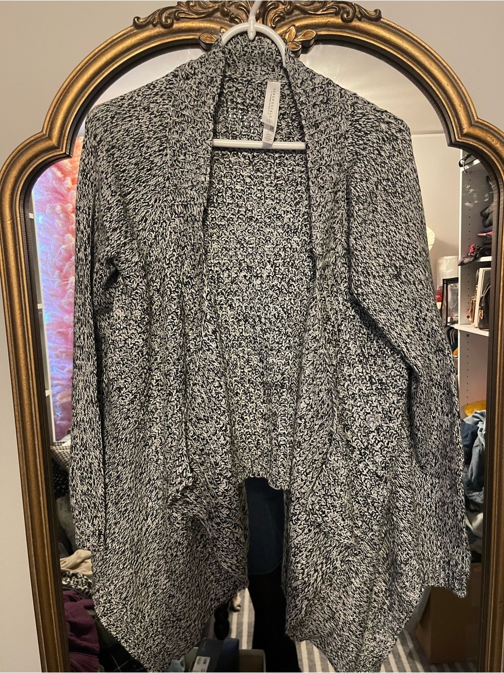 Cozy Open-Front Black & White Marled Women’s Sweater Cardigan